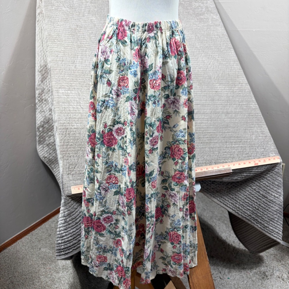 Vintage Paquette Floral Broomstick Maxi Skirt Cream Pink Blue Made in USA Medium